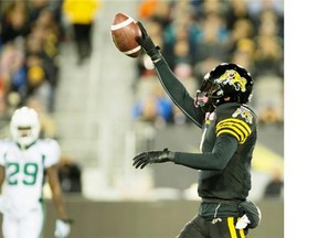 Hamilton Tiger-Cats receiver Tiquan Underwood celebrates after a touchdown catch against the host Saskatchewan Roughriders on Friday night.