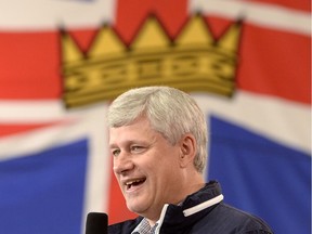 Prime Minister Stephen Harper delivers a speech during a campaign stop in Kamloops, B.C., Monday, Sept. 14, 2015.
