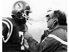 Head coach Joe Faragalli, right, was fired in 1983 after his faith in quarterback Joe (747) Adams, left, was not rewarded.