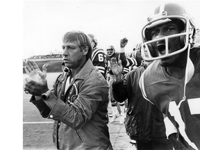 Head coach Ron Lancaster, left, and Joey Walters celebrate the Saskatchewan Roughriders’ first victory of the 1979 season — a 26-25 upset of the visiting Edmonton Eskimos on Oct. 14, 1979.