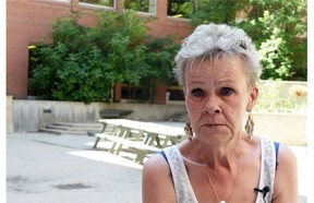 Jean Cousins from Cape Breton, whose son Jason was injured badly in a crash outside Regina on July 7, speaking at the General Hospital in Regina July 16, 2015.