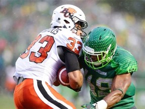 Jeff Knox Jr., shown tackling B.C.’s Andrew Harris, has been a hard-hitting defensive force for the Riders.