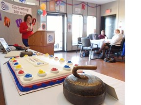 Joan McCusker speaks at the Callie Curling Club's 100th-birthday celebration luncheon Wednesday. 
  
 Don Healy/Leader-Post