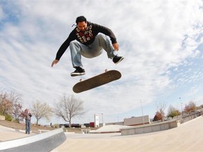 Kanten Russell, a former pro-skater who designed Harbour Landing’s new skate plaza, tests out the location while it was under construction earlier this year.