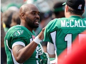 Kevin Glenn, left, and Paul McCallum are ready for tonight’s game against the B.C. Lions — the same team for which they played last season (Michael Bell/Leader-Post files)
