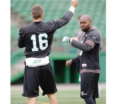 Kevin Glenn (right) is to start Saturday for the Riders with Brett Smith (16) to serve as his backup against the Redblacks on Saturday (BRYAN SCHLOSSER/Regina Leader-Post)

REGINA,Sk: September 15, 2015 -- Photos of  Quarterbacks Brett Smith 16 and Kevin Glenn 5 at Rider practice Sept. 15 2015. BRYAN SCHLOSSER/Regina Leader-Post