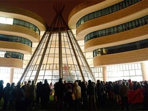 A large crowd gathers for a Sisters in Spirit candlelight vigil held at First Nations University of Canada in Regina, Sask. on Sunday Oct. 4, 2015.