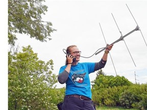 Lead researcher, University of Regina graduate student Kelsey Marchand uses radio signals to try and locate Western Painted Turtles in the Wascana Marsh area in Regina on June 05, 2015.  Marchand  is currently tracking 15 turtles with the biggest turtle a female named Olga measuring a record 26.6cm, a North American record.