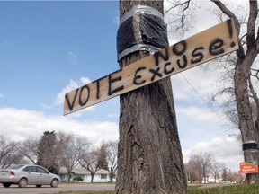 This sign to urge us to vote was tacked onto a tree on election day on Park Street at 18th Avenue in Regina on May 02, 2011.