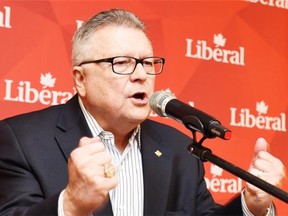 Liberal Party candidate Ralph Goodale speaks to supporters after his election win in Regina Wascana on Monday night.