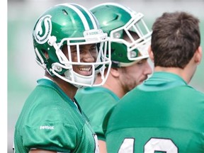 Linebacker Jeff Knox Jr., left, is among the first-year Roughriders who have made contributions on defence.