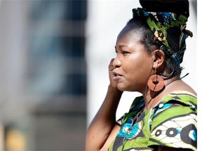 Mary Chipanshi, a Zambian storyteller, tells a story during Little Stories on the Prairie, a multicultural storytelling event held at City Square Plaza in Regina on Saturday June 27, 2015.