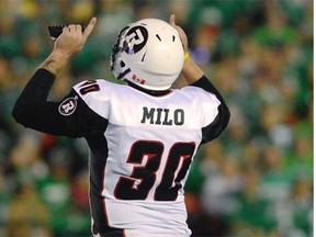 Ottawa Redblacks kicker Chris Milo celebrates one of his field goals against the Saskatchewan Roughriders at Mosaic Stadium on Saturday. 
 Michael Bell/Leader-Post