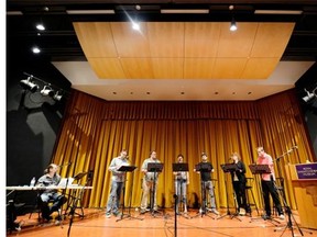 Part of the cast performing The Riderville Radio Sitcom at the Royal Saskatchewan Museum in Regina on Monday.