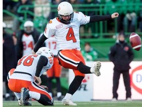 Paul McCallum, shown kicking for the B.C. Lions in the 2013 West Division semifinal against the Saskatchewan Roughriders, is about to return to the Green and White. 
  
 Liam Richards/The Canadian Press files