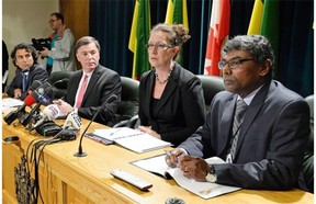Photos at the Saskatchewan Legislature of (L-R) Rupen Pandya, president and CEO of SaskBuilds, SaskBuilds Minister Gordon Wyant, Highways and Infrastructure Minister Nancy Heppner and Nithy Govindasamy, Deputy Minister of Highways and Infrastructure making an announcement about the financial close of the Regina bypass project on Aug. 5.  (BRYAN SCHLOSSER/Leader-Post)