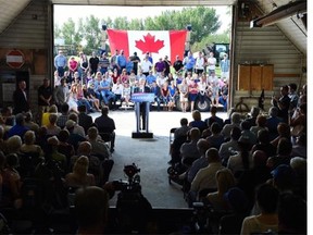 Prime Minister Stephen Harper during a campaign stop at Jim & Jan Wood’s farm west of Regina on August 13, 2015.