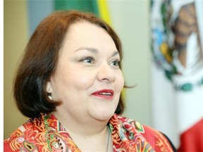 Cecilia Villanueva Bracho, Mexican Consul-General for Alberta and Saskatchewan speaking to the Regina and District Chamber of Commerce in Regina on April 21, 2015.