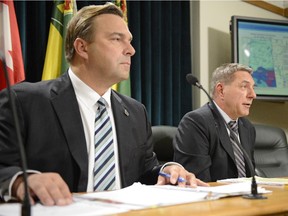 Ken Cheveldayoff, left, minister responsible for Water Security Agency, and John Fahlman, director of Hydrology and Groundwater Services, speak to journalists at the Legislative Building about spring runoff predictions.
17 March 2013 (Sunday Post C3) no cutline

(REGINA, SK: MARCH 11, 2013 --  Ken Cheveldayoff, left, minister responsible for Water Security Agency, and John Fahlman, director of Hydrology and Groundwater Services, speak to journalists at the Legislative Building about spring run-off predictions on Monday, March 11, 2013.  (TROY FLEECE / Regina Leader-Post)