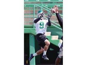 REGINA,Sk: August 18, 2015 --Rider Nic Demski 9 at practice in Regina August 18, 2015. 
 BRYAN SCHLOSSER/Regina Leader-Post