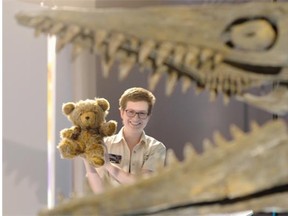 Jenna Cannon, gallery interpreter, holds up a stuffed bear in the Royal Saskatchewan Museum in Regina on Thursday.