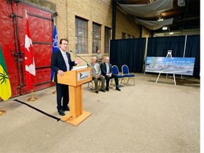 Mayor Michael Fougere speaks during the announcement of the International Trade Centre to be built on the grounds of Evraz Place in Regina on Thursday.  The announcement took place in the current Winter Fair building that will be demolished to make way for the new 150,000 square foot International Trade Centre.