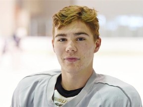 at Canadians' Turner Ripplinger during practice at the Co-operators Centre in Regina on October 21, 2015.