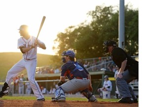 Regina Red Sox outfielder Jordan Schulz watches the Yorkton Cardinals pitch come in during a game held at Currie Field in Regina on Monday August 3, 2015.