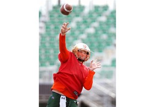 REGINA, SASK - May 3, 2015  -  Quarterback Sawyer Buettner throws a pass during a drill at the Regina Thunder's Spring Camp held at Mosaic Stadium in Regina on Sunday May 3, 2015. (Michael Bell/Regina Leader-Post)