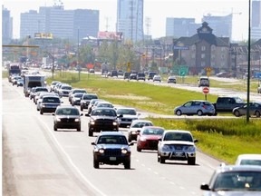 Photo of rush hour traffic leaving Regina to the east of the city. The story has to do with work beginning on the bypass to the east of the city and what that will mean for additional tie-ups. July 20, 2015.