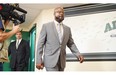 Saskatchewan Roughriders interim head coach Bob Dyce (R) and interim GM Jeremy O'Day at the start of a news conference regarding the firings of Roughriders head coach Corey Chamblin and general manager Brendan Taman in Regina on September 01, 2015.