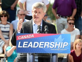 Prime Minister Stephen Harper during a campaign stop at Jim & Jan Wood's farm west of Regina on August 13, 2015.