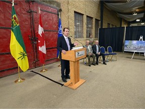 Mayor Michael Fougere speaks during the announcement of the International Trade Centre to be built on the grounds of Evraz Place in Regina.