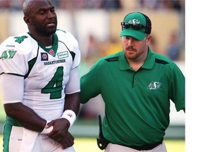 The Riders are playing in Winnipeg for the first time since Darian Durant (4) left Investors Group Field with a torn tendon in his right elbow (THE CANADIAN PRESS/Trevor Hagan)