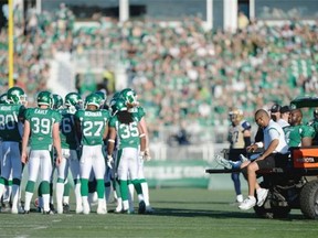 Riders quarterback Darian Durant (4) was carted off the field Saturday after suffering a ruptured left Achilles tendon (Michael Bell/Regina Leader-Post)

Saskatchewan Roughriders quarterback Darian Durant (#4) is carried off the field with an injury late in the second half during a game held at Mosaic Stadium in Regina on Saturday June 27, 2015. (Michael Bell/Regina Leader-Post)