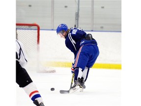 Riley Woods has an opportunity to score during the Regina Pats Rookie Camp held at the Co-operators Centre in Regina, Sask. on Saturday Aug. 29, 2015. (Michael Bell/Regina Leader-Post)