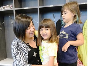 Risa Payant drops off her three-year-old Ever and six-year-old Gaya at daycare on Sept. 16, 2015. (BRYAN SCHLOSSER/Regina Leader-Post)