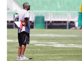 Roughriders head coach Corey Chamblin, shown here with a flag that he uses to call penalties during practice, has shifted his focus to the regular season. BRYAN SCHLOSSER/Leader-Post.