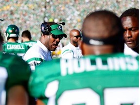 Roughriders head coach Corey Chamblin, shown talking to his defence during Sunday’s home game against the Hamilton Tiger-Cats, takes a hands-on approach to defence — as does Edmonton Eskimos bench boss Chris Jones (Troy Fleece/Leader-Post)