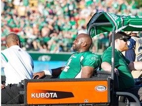Roughriders quarterback Darian Durant is taken off the field on a cart late in Saturday’s first half at Mosaic Stadium. He suffered a left foot injury of undetermined severity. 
  
 Rick Elvin/The Canadian Press