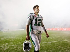 Roughriders quarterback Tino Sunseri (12) leaves the field after the 2014 West Division semifinal loss to the Edmonton Eskimos.