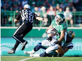 Roughriders receiver Nic Demski (9), shown being tackled by Winnipeg Blue Bombers linebacker Garrett Waggoner (22) on June 27, is expected to return to the active roster Sunday (Michael Bell/Regina Leader-Post)

Saskatchewan Roughriders wide receiver Nic Demski (#9) is hauled down by Winnipeg Blue Bombers linebacker Garrett Waggoner (#22) during a game held at Mosaic Stadium in Regina on Saturday June 27, 2015. (Michael Bell/Regina Leader-Post)Saskatchewan Roughriders wide receiver Nic Demski (#9) is hauled down by Winnipeg Blue Bombers linebacker Garrett Waggoner (#22) during a game held at Mosaic Stadium in Regina on Saturday June 27, 2015. (Michael Bell/Regina Leader-Post)