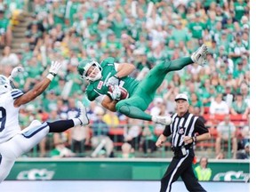 Roughriders receiver Ryan Smith’s acrobatic catch created a buzz at Mosaic Stadium on Sunday. On the next play, however, the Roughriders surrendered a 100-yard interception return for a touchdown.