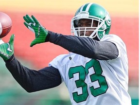 Roughriders running back Jerome Messam makes a grab during Friday’s practice at Mosaic Stadium.