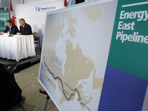TransCanada CEO Russ Girling, right, and TransCanada president of energy and oil pipelines Alex Pourbaix announce the company is moving forward with the 1.1 million barrel-per-day Energy East Pipeline project at a news conference in Calgary, Alta., Thursday, Aug. 1, 2013.