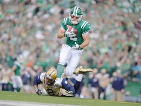 Ryan Smith, shown making a 27-yard touchdown catch on Sunday, had the Roughriders' longest offensive play during a 37-19 victory over the Winnipeg Blue Bombers. 
  
 Michael Bell/Leader-Post