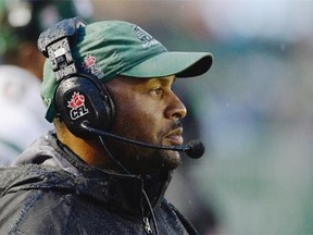 Saskatchewan Roughriders head coach Corey Chamblin looks on as his team plays against the Winnipeg Blue Bombers during the first quarter of CFL football action in Regina, Sask., Saturday, June 27, 2015.