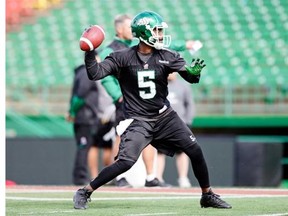 Saskatchewan Roughriders QB Kevin Glenn (#5) during practice at Mosaic Stadium in Regina on Wednesday.