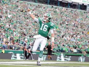 Saskatchewan Roughriders quarterback Brett Smith (#16) salutes the crowd during the Labour Day Classic held at Mosaic Stadium in Regina, Sask. on Sunday Sep. 6, 2015.