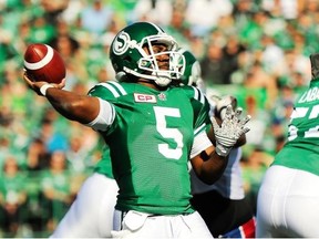 Saskatchewan Roughriders’ quarterback Kevin Glenn attempts a pass against the Montreal Alouettes during first half CFL action in Regina on Sunday, Sept. 27, 2015.